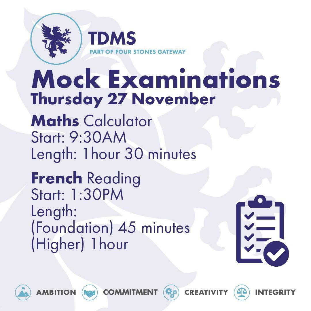 TDMS_Evesham's tweet image. Thursday 27 November 2025 exams are Maths (Calculator paper) and French (Reading). Be in school ready for 8.50am to get some breakfast and ensure you are prepared! #commitment #ambition