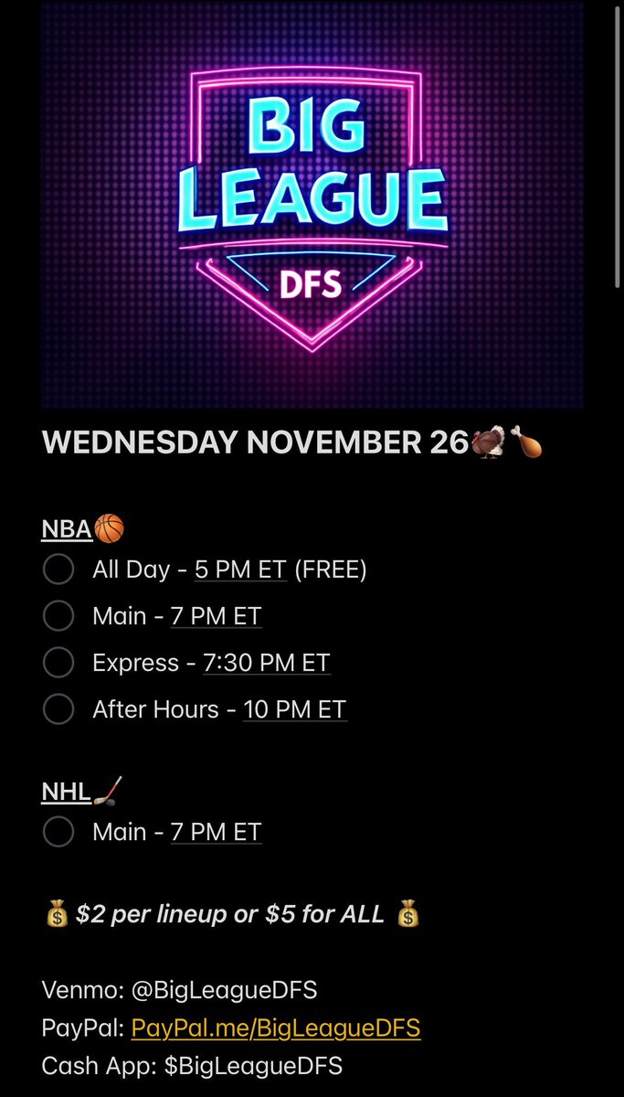 💥Wednesday Action💥

NBA🏀 + NHL🏒

💰$2 per lineup or $5 for ALL💰

We got a FREE NBA Lineup🚨

DM ME📬

#NBA #NBAX #NHL #Fanduel #DFS