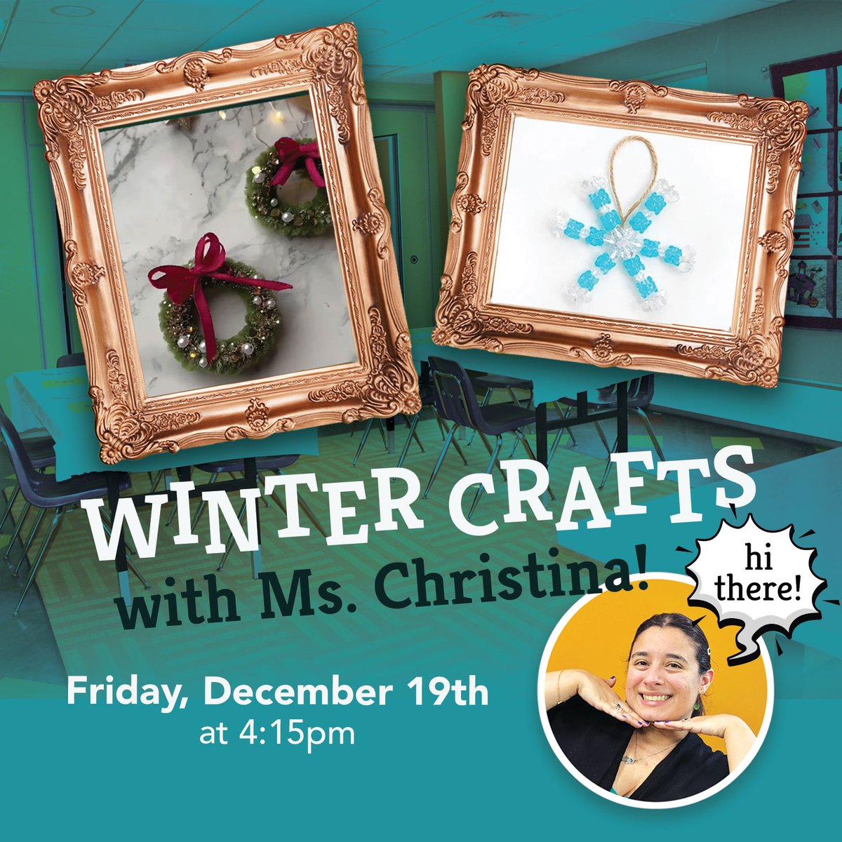 HenHudLibrary's tweet image. Join Ms. Christina to create a beaded snowflake ornament and a glitter wreath magnet. Perfect for Winter! Children ages 6 to 12 are welcome. Registration is required. Visit our website to register today!

#beadedsnowflake #glitterwreath #crafts #wintercrafts #hhfl #librariesrock