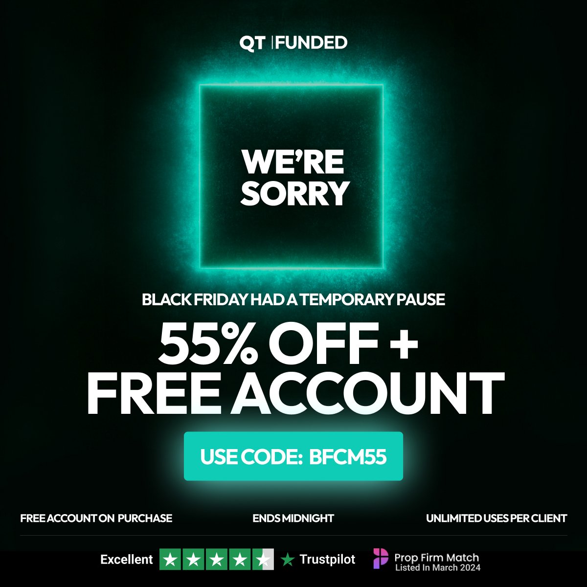 QtFunded's tweet image. BFCM55 - LIVE UNTIL MIDNIGHT ⏰
55% off any evaluation + FREE account on purchase.
Two $100K evaluations for $242.
Checkout issues hit some traders this morning. Extra 5% off is our way of saying sorry.
