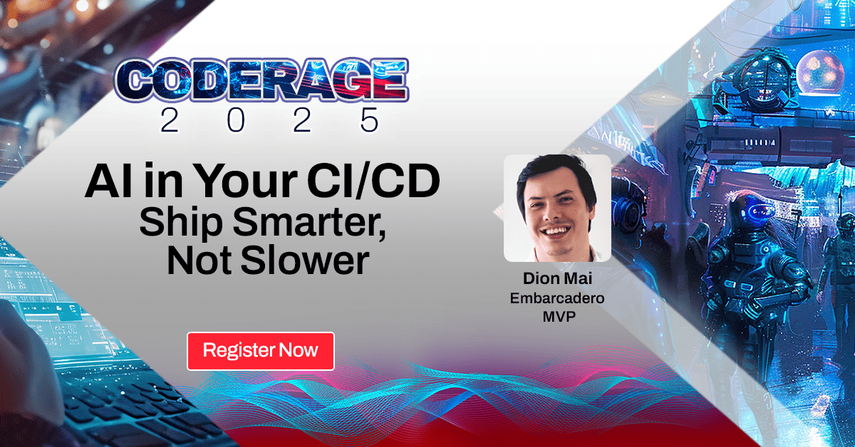 EmbarcaderoTech's tweet image. #CodeRage2025: Supercharge your CI/CD with AI! 
Join Dion Mai to learn how AI can detect bugs, enforce standards, review security, and accelerate releases — without slowing down your builds.

Register now: tinyurl.com/CodeRage-2025-…  

#Developers #Coding #AI #OnlineConference