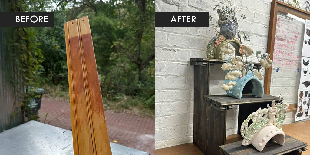 Artist Jennifer Azzariti used salvaged wood from our reuse warehouse to make a display stand for their ceramics! Created from tongue and groove, the three-tiered structure is designed for easy dismantling and moving. Brilliant!
