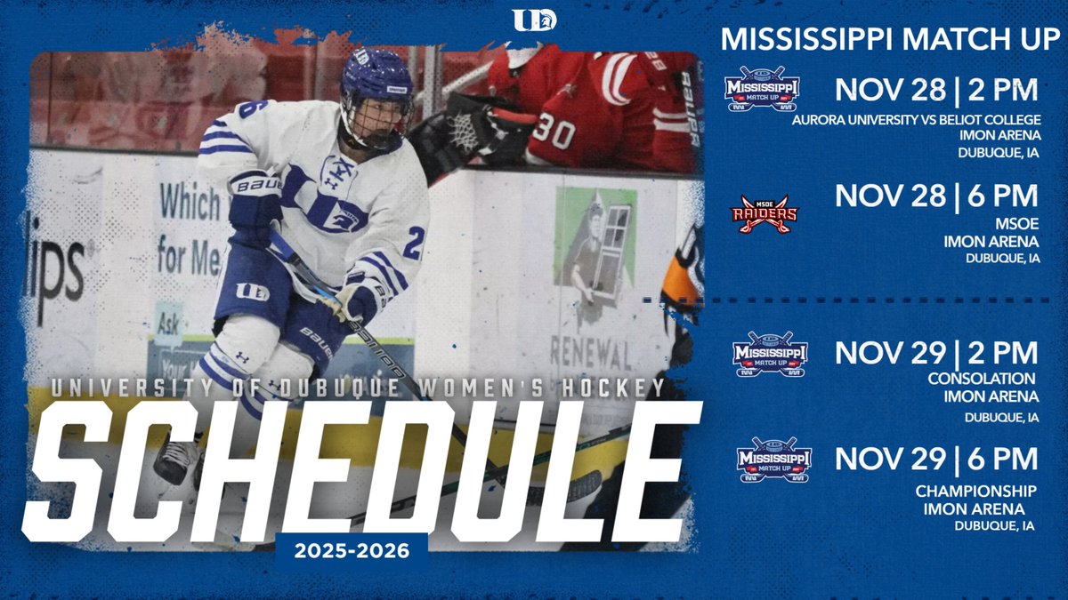 It's finally tournament week!! The Mississippi Match Up kicks off this FRIDAY starting at 2 pm! The Spartans start the weekend off at 6 pm against MSOE!! We hope to see you there!!!
#udhockey #spartans