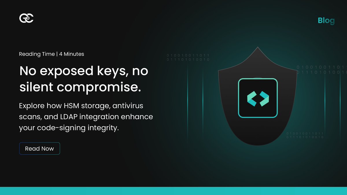 encryptioncons's tweet image. Code signing ensures software remains authentic, verified, and free from tampering. It protects executables, scripts, libraries, containers, and every component in the delivery chain. This blog explains how CodeSign Secure safeguards private keys using HSM storage while…