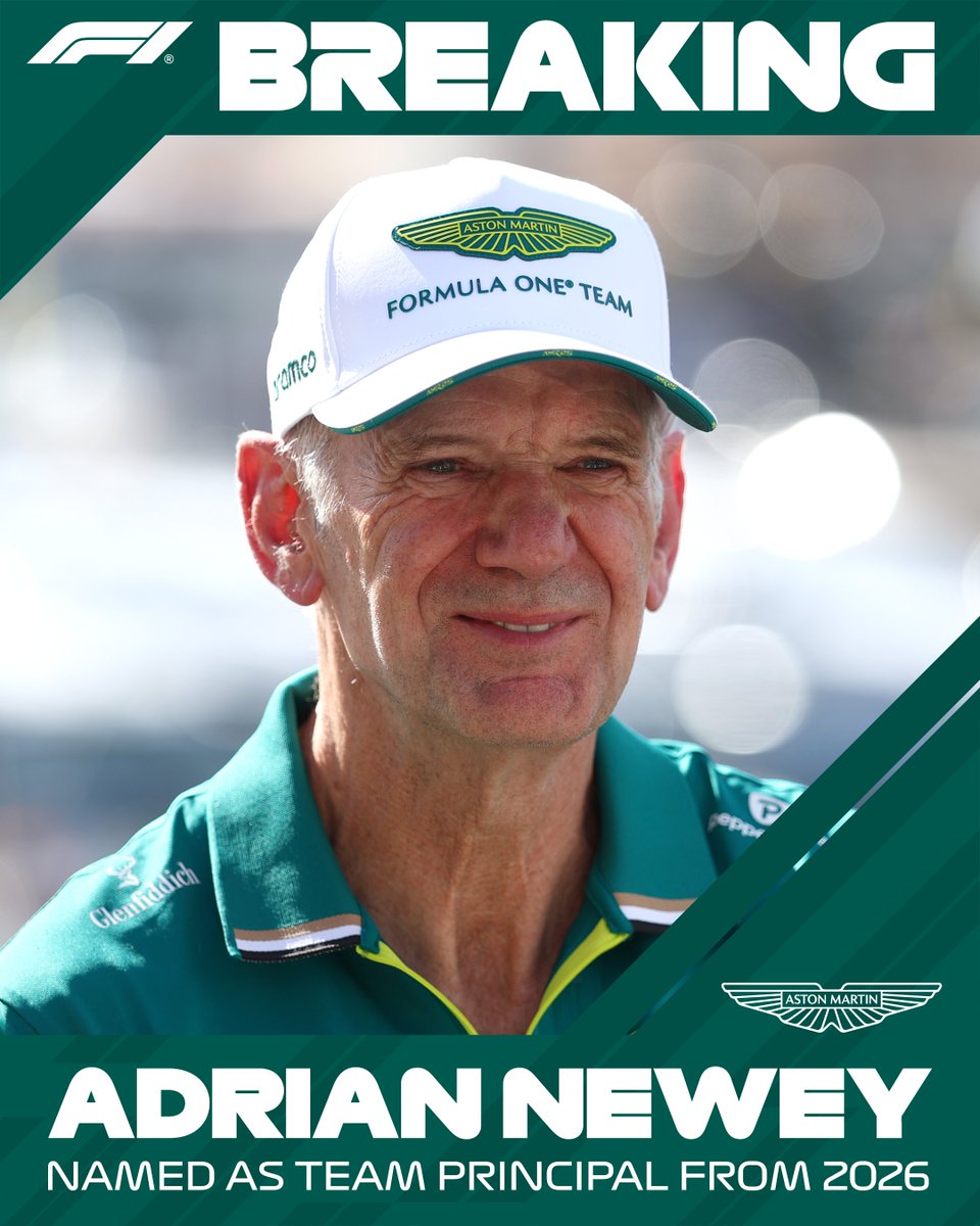 F1's tweet image. BREAKING: Adrian Newey to take on the role of Team Principal at @AstonMartinF1 from 2026

Andy Cowell will move into a new role as Chief Strategy Officer

#F1