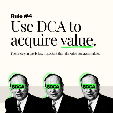 DocJimmys's tweet image. Rule #4 of DCA:

Use DCA to acquire value. The price you pay is less important than the value you accumulate.

All of these principles work in tandem. You buy high, you buy low with whatever you’ve decided to DCA.

When there’s a dip, DCA more than usual. Over time, you will…