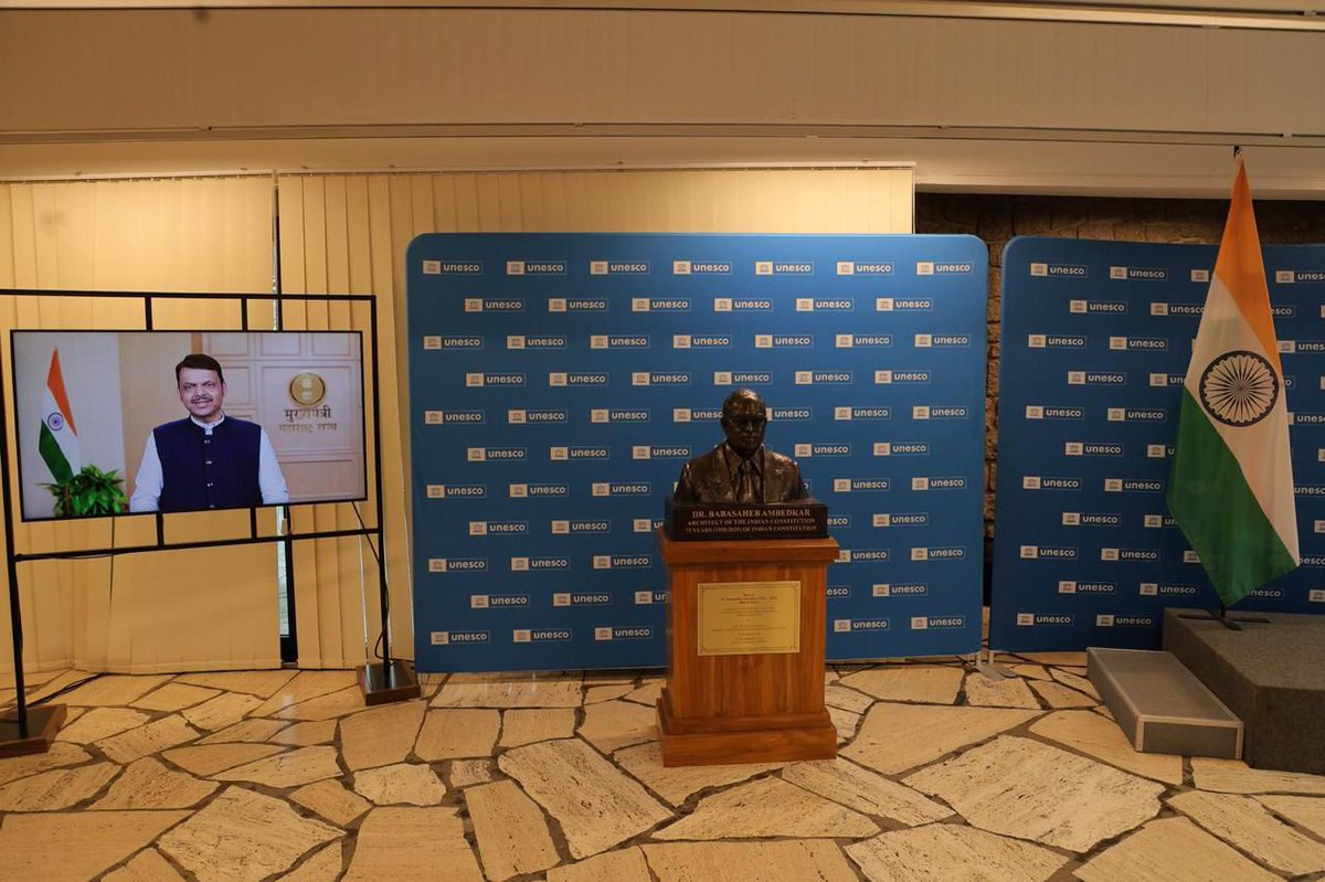 narendramodi's tweet image. It is a matter of immense pride that today, on Constitution Day, a bust of Dr. Babasaheb Ambedkar was unveiled at the UNESCO Headquarters in Paris. This is a fitting tribute to Dr. Ambedkar and his role in the making of our Constitution. His thoughts and ideals give strength and…