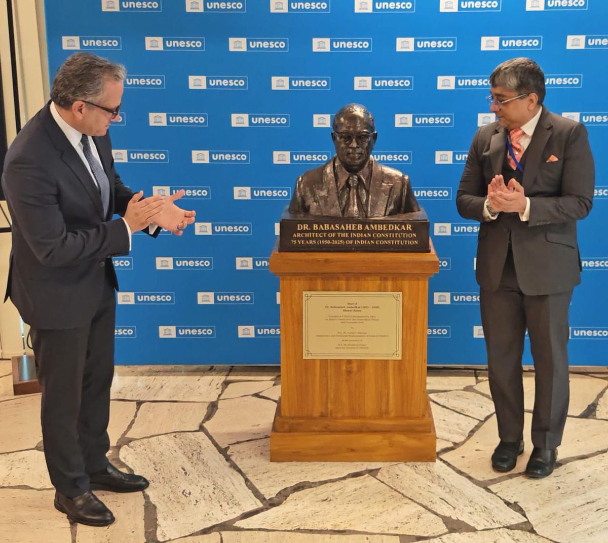 narendramodi's tweet image. It is a matter of immense pride that today, on Constitution Day, a bust of Dr. Babasaheb Ambedkar was unveiled at the UNESCO Headquarters in Paris. This is a fitting tribute to Dr. Ambedkar and his role in the making of our Constitution. His thoughts and ideals give strength and…