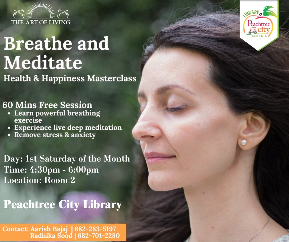 In the midst of the holiday rush, take a moment to pause and breathe. 🌿✨

Join us for a free Art of Living breathwork &amp; meditation session to ease stress and find clarity.

🗓 1st Saturday monthly
⏰ 4:30–6 PM | 📍 PTC Library – Room 2
Limited seating—registration encouraged.