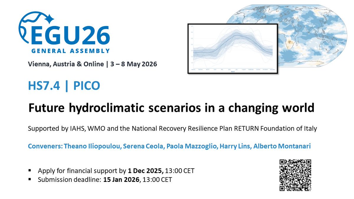 T_Iliopoulou's tweet image. 🌍💧Our #EGU26 HS7.4  PICO session on #future #hydroclimatic scenarios in a #changing world is now open!
@SerenaCeola @PaolaMazzoglio @almontanari &amp;amp; Harry Lins @EGU_HS 
🔜 Apply for financial support by 01.12.25
📅 Abstract submission deadline: 15.01.26
meetingorganizer.copernicus.org/EGU26/session/…