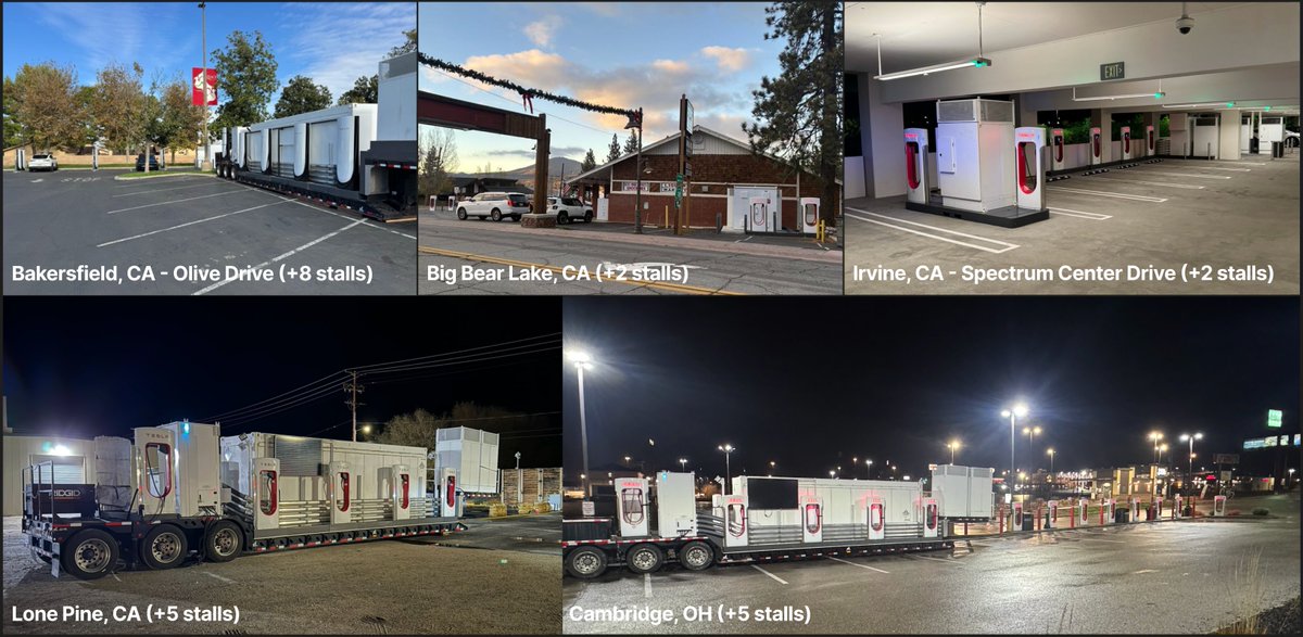 TeslaCharging's tweet image. We prepare for peak travel days through a site opening push, proactive service visits, attendants at some of our busiest sites, and deployment of mobile assets. 

MegapackChargers &amp;amp; Mobile Supercharger Units are deployed at the following locations:

Bakersfield, CA →…