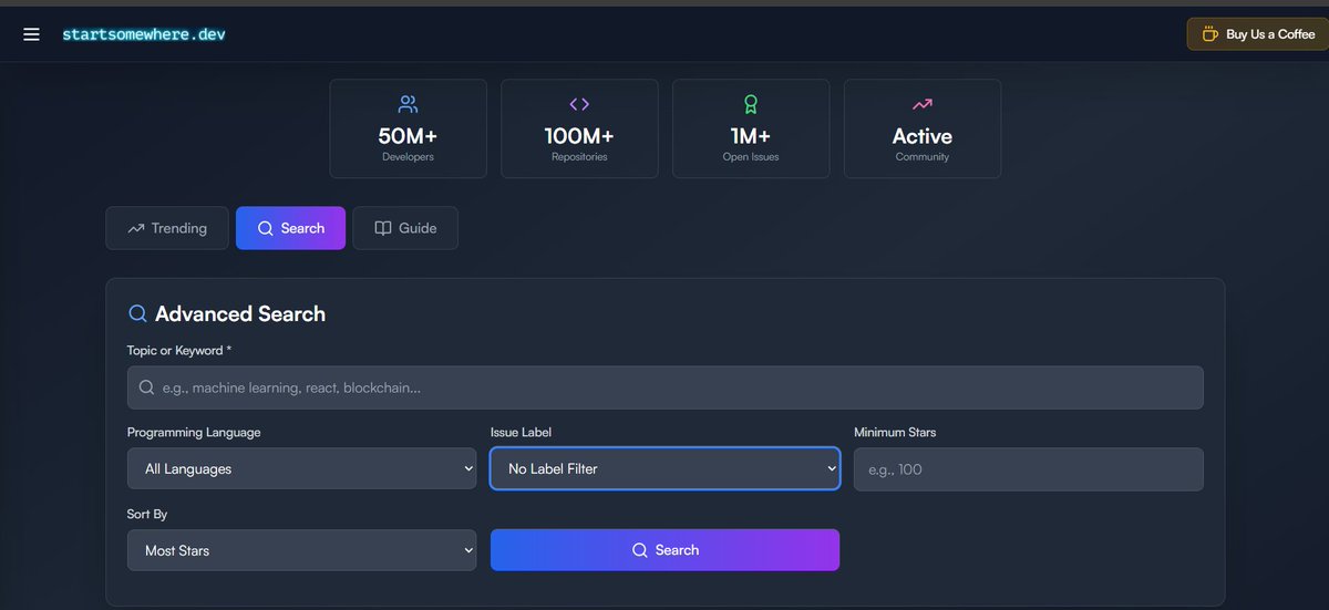 harsh_codess's tweet image. 🚀 I’ve been building startsomewhere.dev over the past few days — everything on it is completely free.

Just launched OpenSource Explorer, a tool to help you find open-source projects based on your interests and tech stack:

 startsomewhere.dev/#/opensource

If you try it out, I’d…