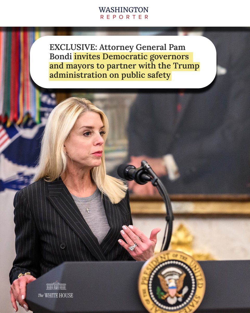WhiteHouse's tweet photo. Tolerating crime is a choice. 

📰 @AGPamBondi invites Democratic governors and mayors to partner with the Trump administration on public safety https://t.co/08WbxehLvn