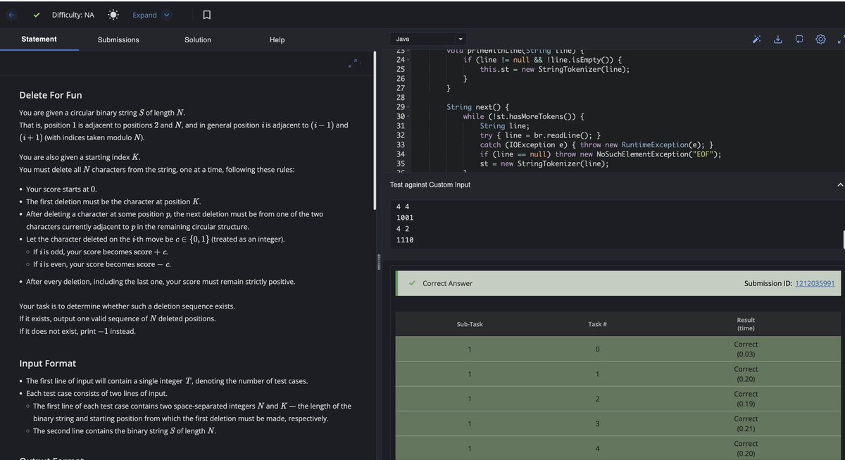 amit25says's tweet image. Hmm, after the contest I pasted the ques to ChatGPT 5 and pasted the code in the editor and AC in 1 attempt :)

Despite this question being solvable by LLM, the number of submissions touched only 356 in div3.

I guess, everybody stopped cheating 🥹🥹
#codechef #cp #dsa