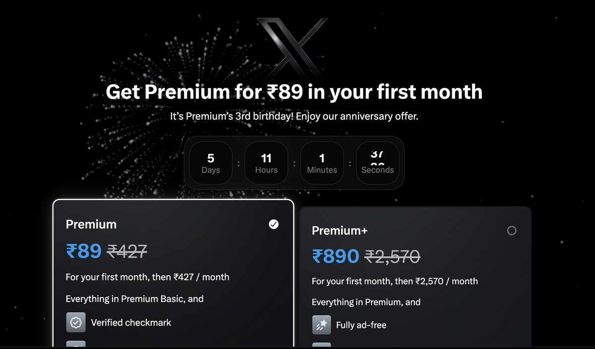 X dropping the premium price to 89 rupees for the first month feels like betrayal because I literally bought it for 427 just two days ago 😭😭