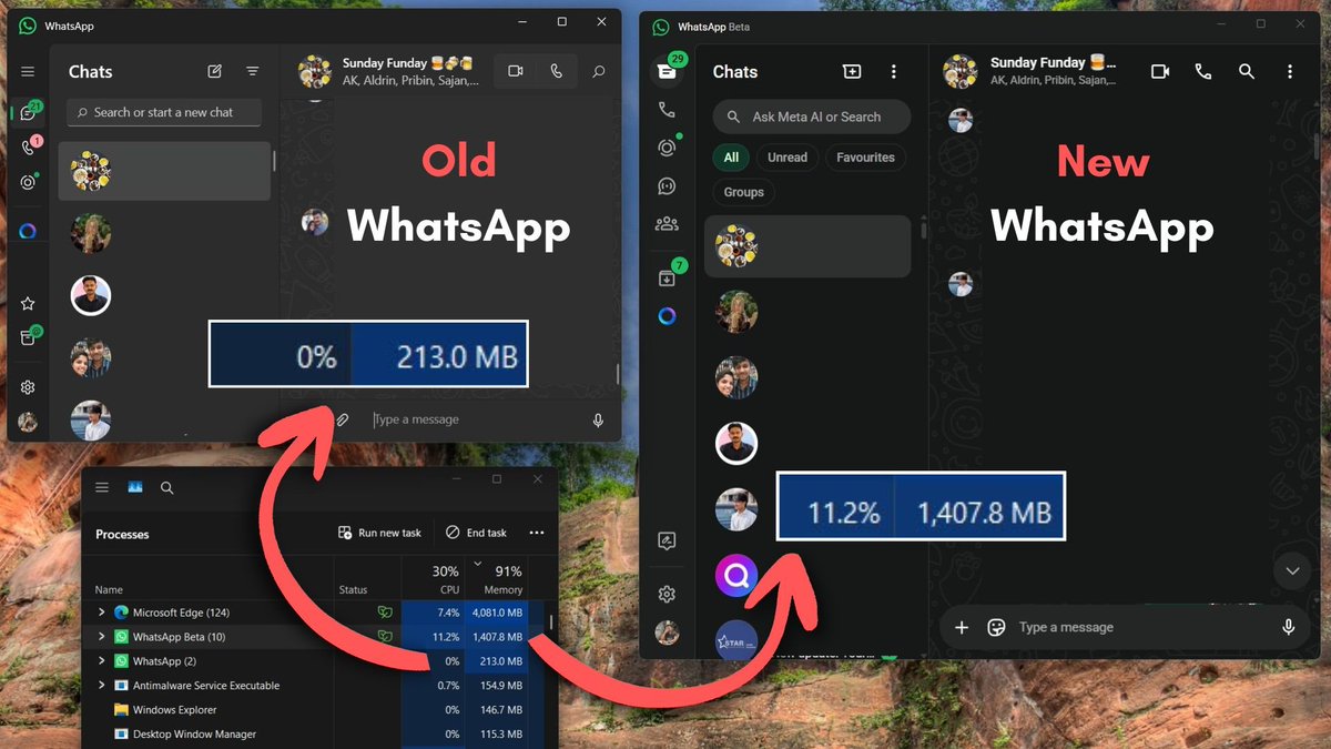 WindowsLatest's tweet image. I tested Meta&apos;s new Chromium-based WhatsApp for Windows 11, and it&apos;s a performance nightmare 🧵

This new WhatsApp is based on Chromium (WebView2), and it replaces the original native app, which was based on WinUI/UWP.

The new WhatsApp feels like it&apos;s running at 10FPS. For…