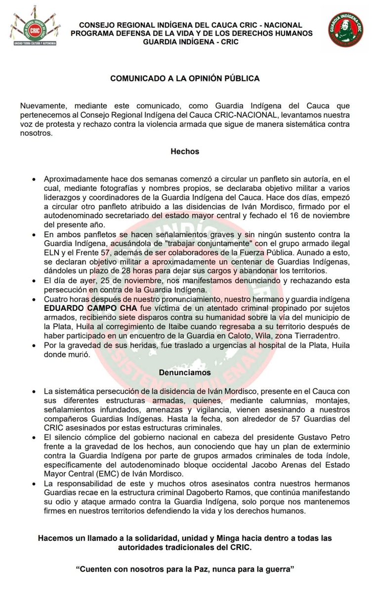 Consejo Regional Indígena del Cauca (CRIC) tweet media