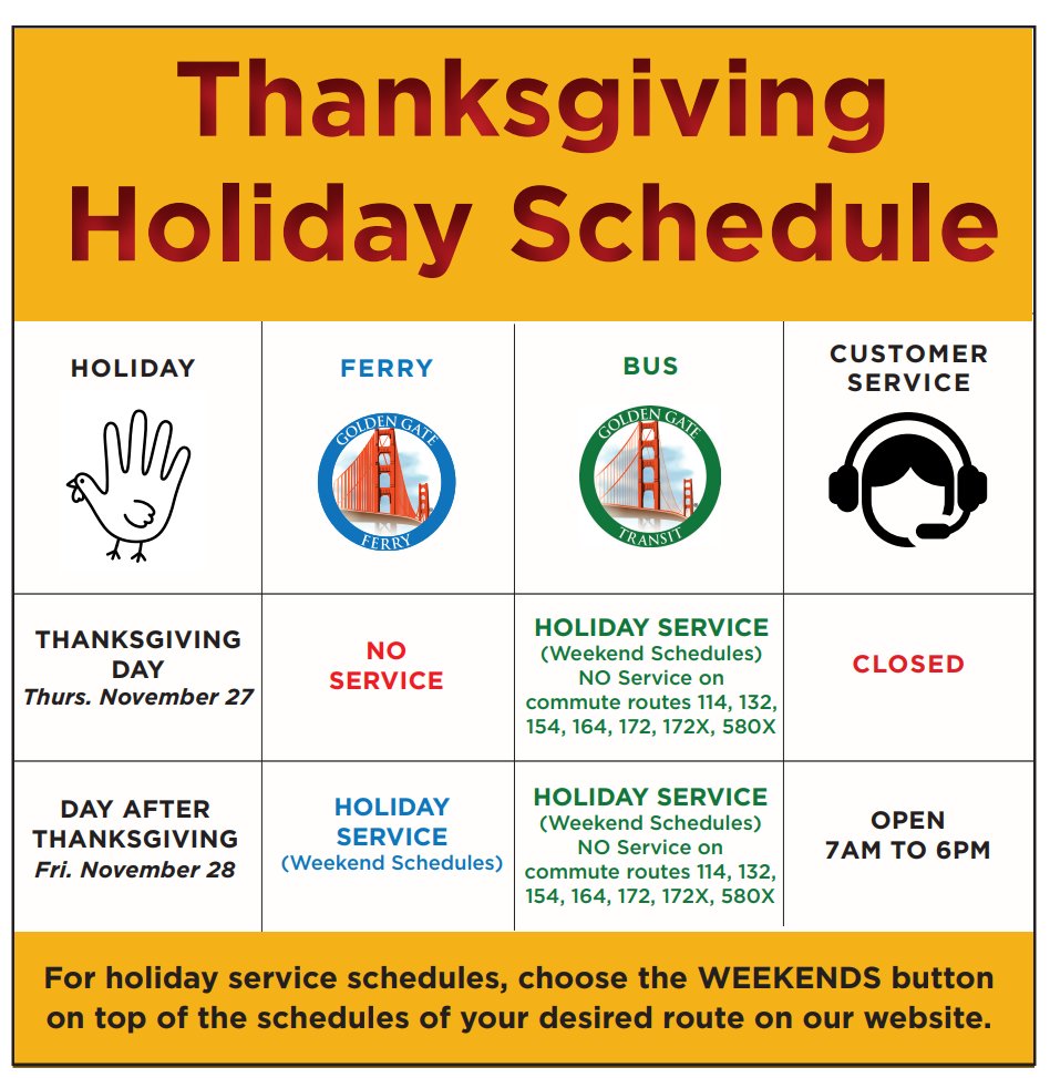 Rider Alert! On Thurs, 11/27, and Friday, 11/28, GGTransit is operating h oliday service. Choose Sat/Sun/Holiday from drop-down menus for holiday schedules: goldengate.org/bus/schedules-…