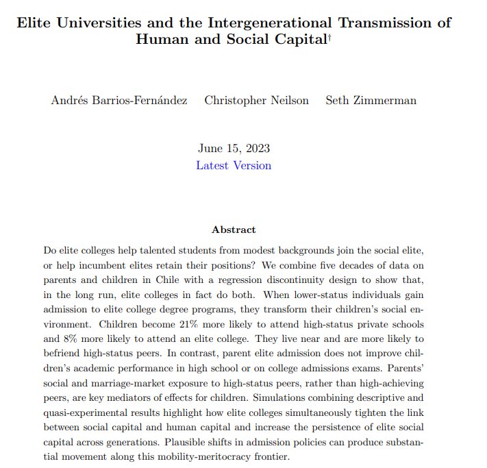 Las universidades de élite no mejoran el rendimiento académico de los hijos, pero sí amplían sus redes sociales y de pareja con personas de mayor estatus. Así, el capital social se transmite y concentra, incluso cuando el capital humano no cambia <a href="/ChrisANeilson/">Christopher A. Neilson</a> <a href="/andres_bafer/">Andrés Barrios Fernández</a>