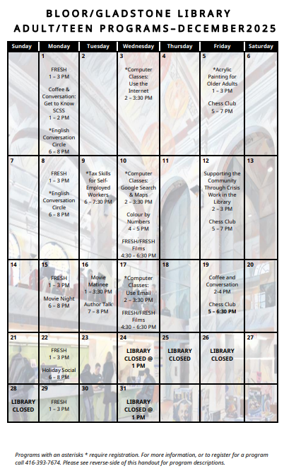 TPLBLGladstone's tweet image. ✨ December is here—and so are our new program calendars! ❄️ Drop by Bloor/Gladstone Library to see what’s happening this month. Fun for all ages! 🎉
