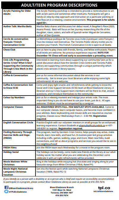 TPLBLGladstone's tweet image. ✨ December is here—and so are our new program calendars! ❄️ Drop by Bloor/Gladstone Library to see what’s happening this month. Fun for all ages! 🎉