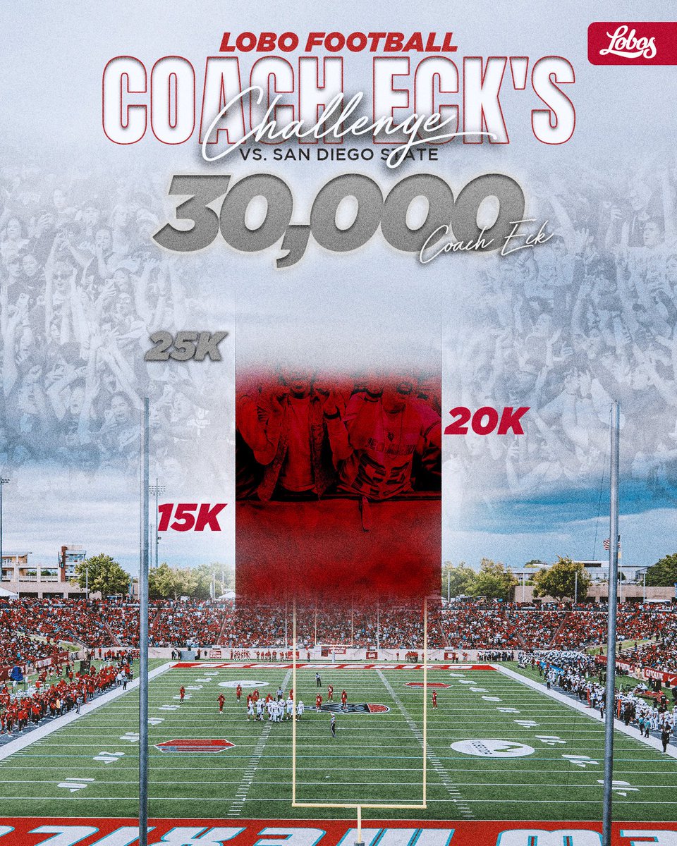 UNMLOBOS's tweet image. Lobo Nation—this is the game. 🐺

We’re fighting for a championship, and we need the entire city to show up and show out.

Coach Eck’s Challenge: 30,000 strong vs. SDSU. Let’s pack the stadium and make it LOUD.

Get your tickets at golobos.com/tickets