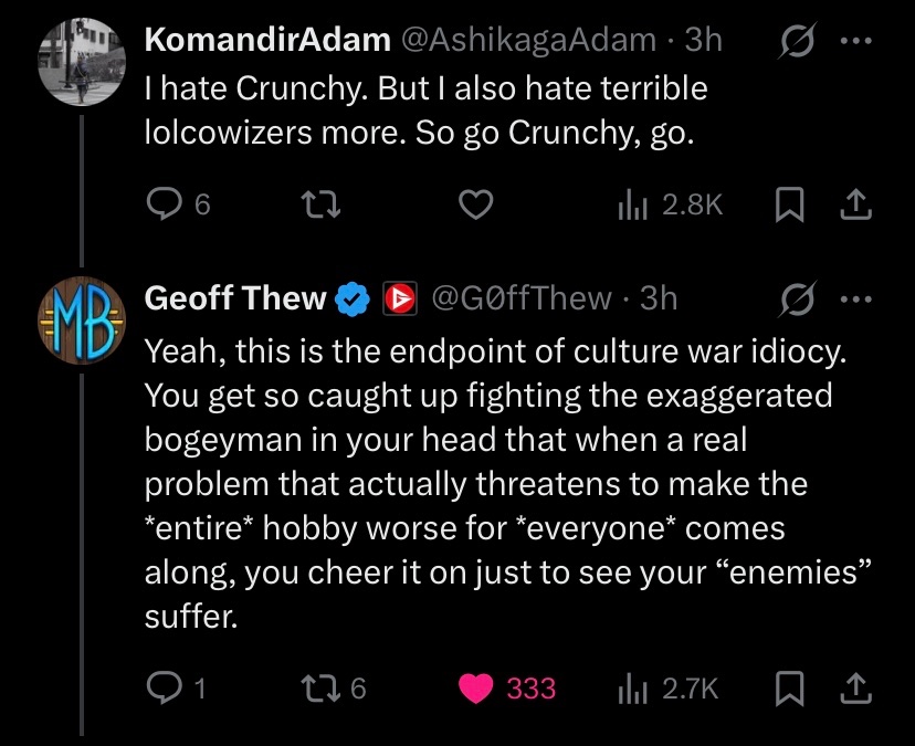 SweettoothOni's tweet image. “I don’t care if the corporation I hate ruins the hobby for literally everyone as long as it upsets the libs”

Late-stage anti-woke brainrot is insane, dude