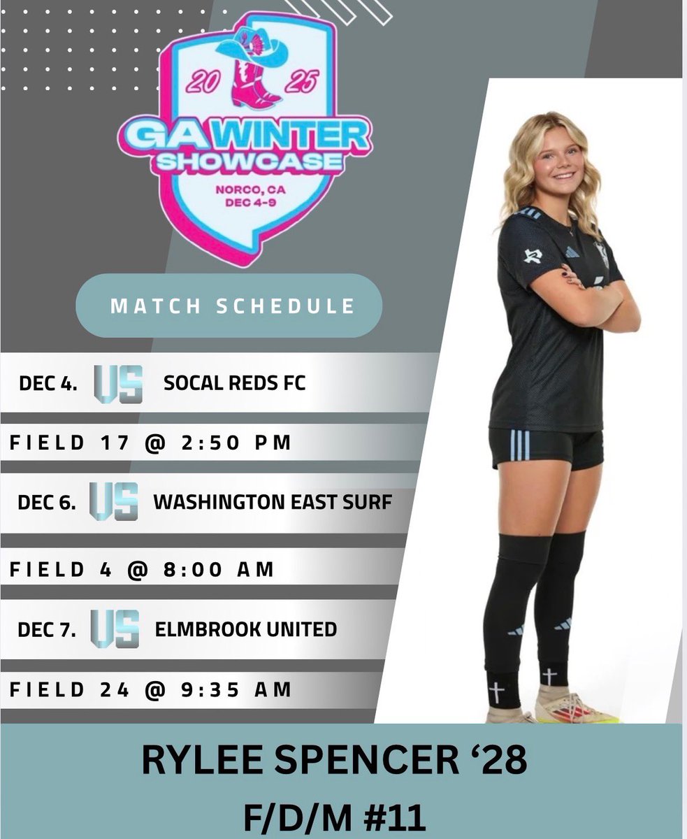 RyleeKSpencer's tweet image. ⭐️⭐️Updated Schedule⭐️⭐️
⚽️Field Changed to 17 on 12/4⚽️

Would love to see all TX coaches at one of our Atletico Dallas Youth games at the GA Winter Showcase next week! See you in Cali! 

#UtilityPlayer #StartingForward #ScholarAthlete #ClassOf2028