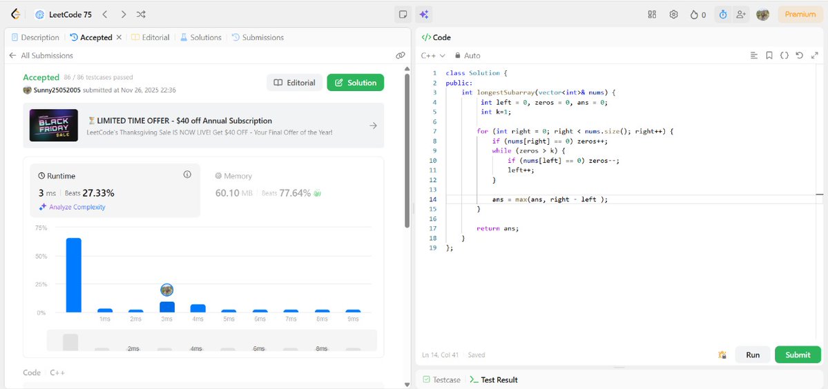 SunnyKumar51305's tweet image. 🔥 Problem of the Day:  Longest Subarray of 1&apos;s After Deleting One Element 
Approach:  
Language: C++
Difficulty: Medium 
✅ Passed all testcases
#DSA #LeetCode75