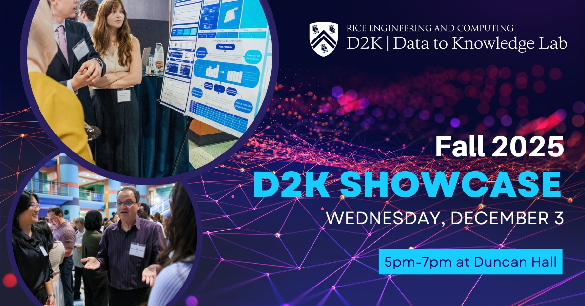 🚨 ONE WEEK! 🚨 @D2KShowcase is 7 days away! Students are finalizing presentations &amp; we're ready to celebrate their amazing work.

📆 Dec 3 | 5-7 PM | Duncan Hall
Register: events.rice.edu/event/410395-f…