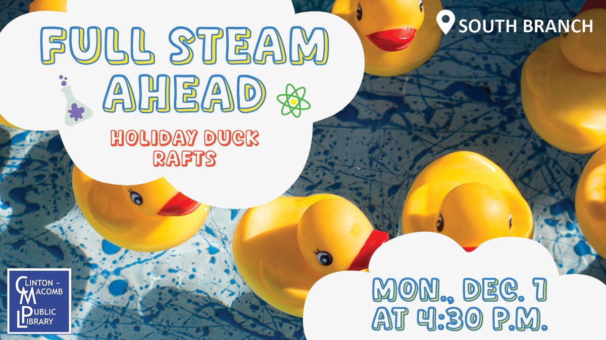 cmplib's tweet image. Join us for a STEAM-filled program as we explore science, technology, engineering, art, and math through hands-on activities. This program is for ages 7-11. Call (586) 226-5073 or register here: cmpl.libnet.info/event/13971132 #STEAM #DuckRafts