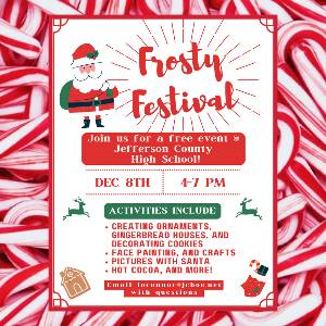 FREE Family Event brought to you by Jefferson County High School Service Learning and Friends!
You don't want to miss the fun of this year's Frosty Festival!
Monday, December 8th  from 4-7 PM at JCHS
jchs.jc-tn.net/about/news/pos…