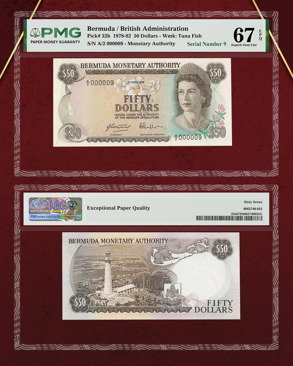PMGnotes's tweet image. This Bermuda 1978-82 50 Dollars with a Serial Number 9 is among more than a thousand PMG-certified banknotes in a Crown Currency auction ending in early December. Learn more: PMGnotes.com/news/article/1… #numismatics #papermoney #bermuda #dollars #lowserialnumber #fancyserialnumber
