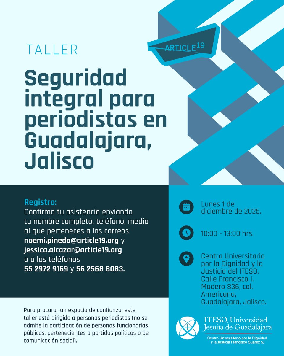 article19mxca's tweet image. 📢 ¡Atención #Guadalajara!

Si eres periodista y tienes interés en herramientas de seguridad integral para ejercer tu labor, este taller es para ti.

📌 El próximo lunes a partir de las 10:00 h
🗓️ En el @ITESO 

👇 Aquí todos los detalles: