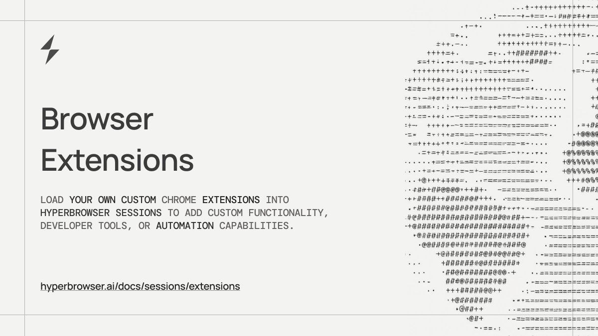 hyperbrowser's tweet image. We’re making it possible to load custom Chrome extensions directly into Hyperbrowser sessions.

The documentation below walks through how to package an extension, upload it as a ZIP file, and attach it when creating browser sessions ↓