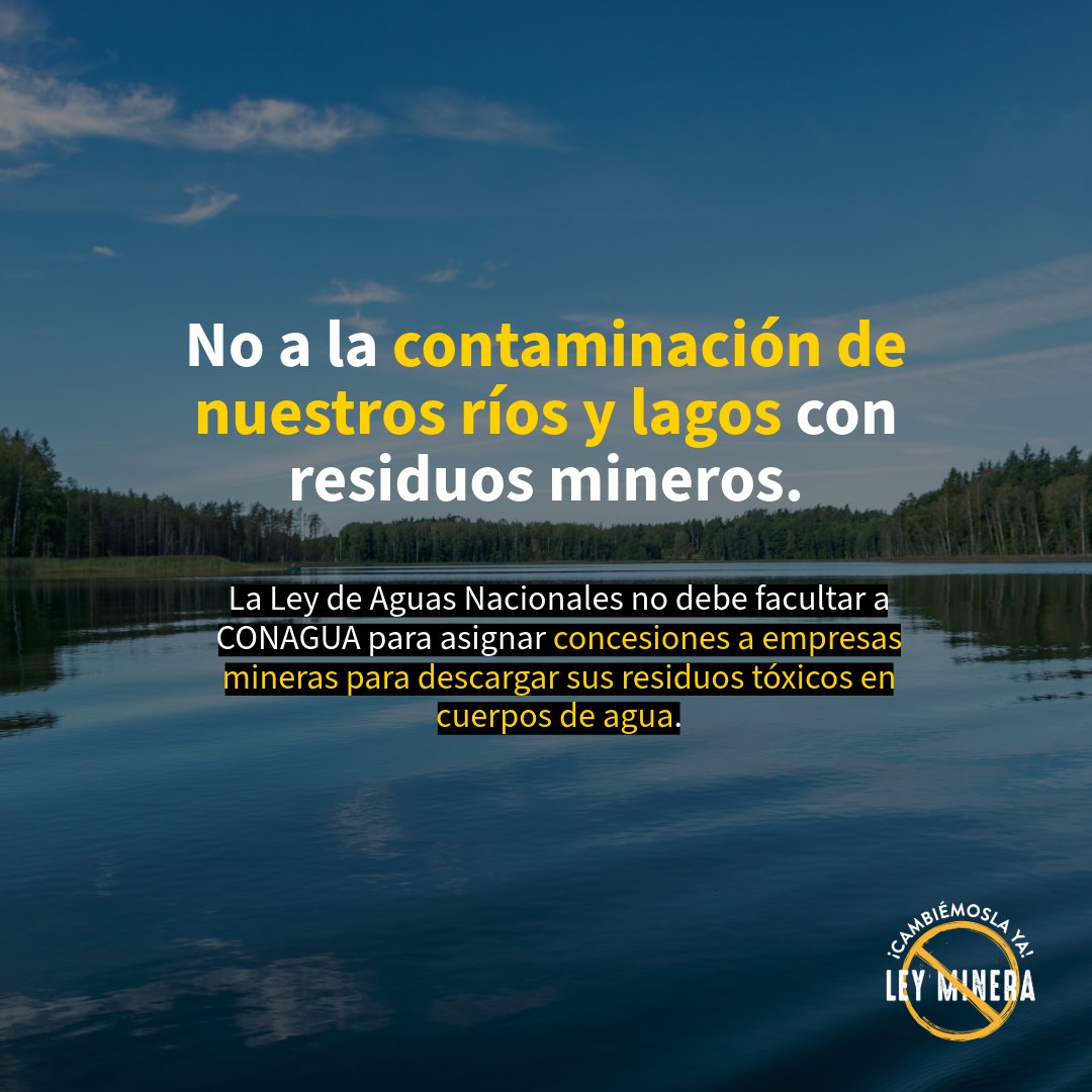⚠️La iniciativa de reforma a la Ley de Aguas Nacionales enviada por el Ejecutivo a <a href="/Mx_Diputados/">H. Cámara de Diputados</a> contempla darle la facultad a la <a href="/conagua_mx/">Conagua</a> para autorizar a las mineras la descarga de sus residuos tóxicos en cuerpos de agua. 

¡ESO ES INACEPTABLE! 🚫💧☣️