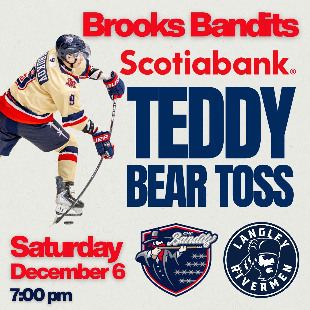The Brooks Bandits Teddy Bear Toss is Saturday, December 6th!

The <a href="/LangleyRivermen/">Langley Rivermen</a> visit for the first time in history!

Get your tickets here: tickets.brooksbandits.net

Presented by <a href="/scotiabank/">Scotiabank</a>