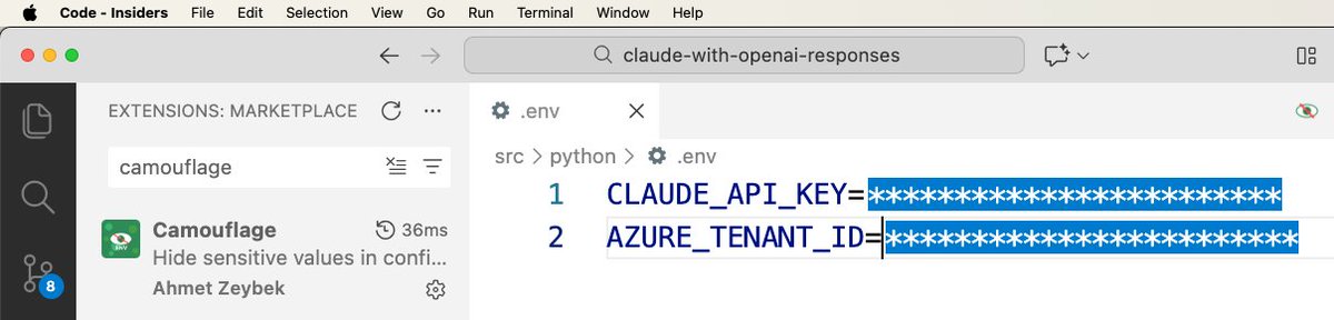 pamelafox's tweet image. Neat tip for folks who present a lot: Use the Camouflage extension for VS Code to mask sensitive values.
marketplace.visualstudio.com/items?itemName…
(I usually try to avoid API keys entirely, since Azure supports token-based auth, but I haven&apos;t eliminated keys entirely)