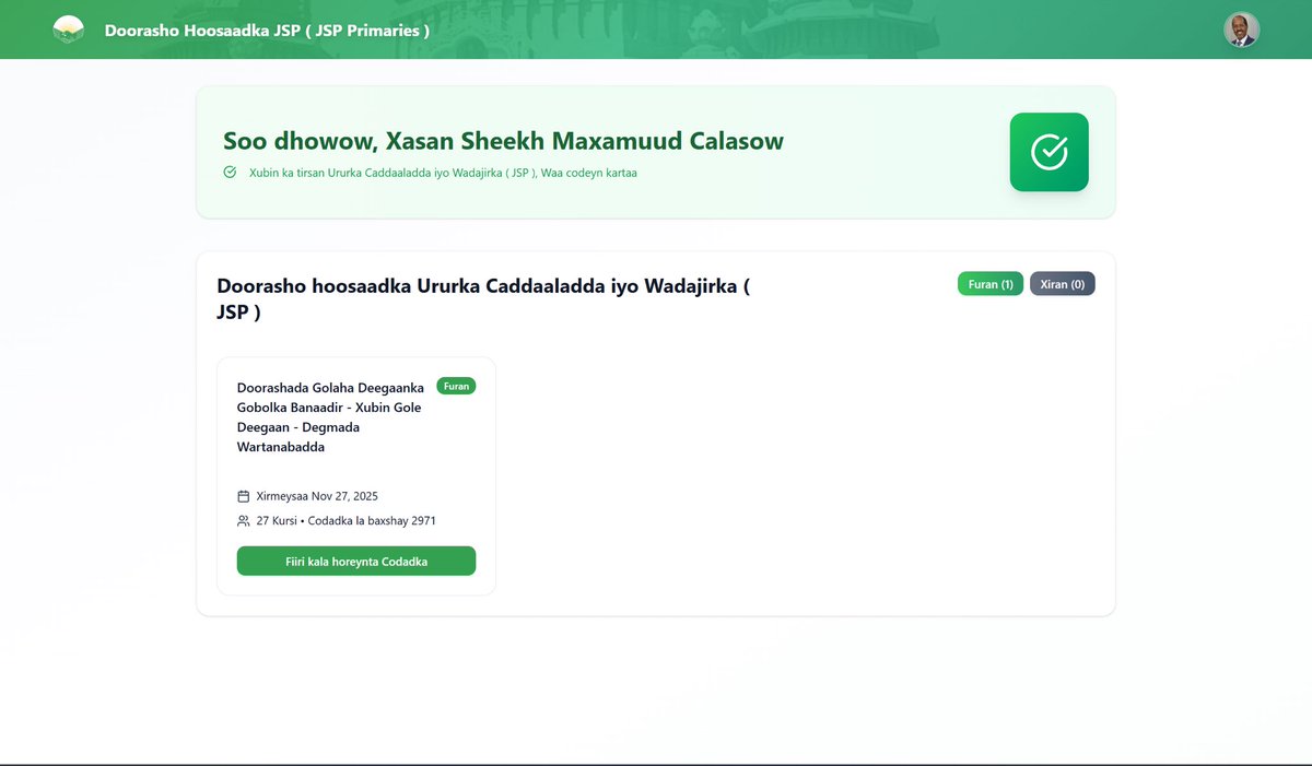 HassanSMohamud's tweet photo. Today I have participated in the online internal elections for the Banadir District Local Council of the Justice and Solidarity Party (JSP). This marks a significant step toward party institutionalization and promoting internal democracy. I urge all Banadir JSP members to vote. https://t.co/Vgfh0UqVP3