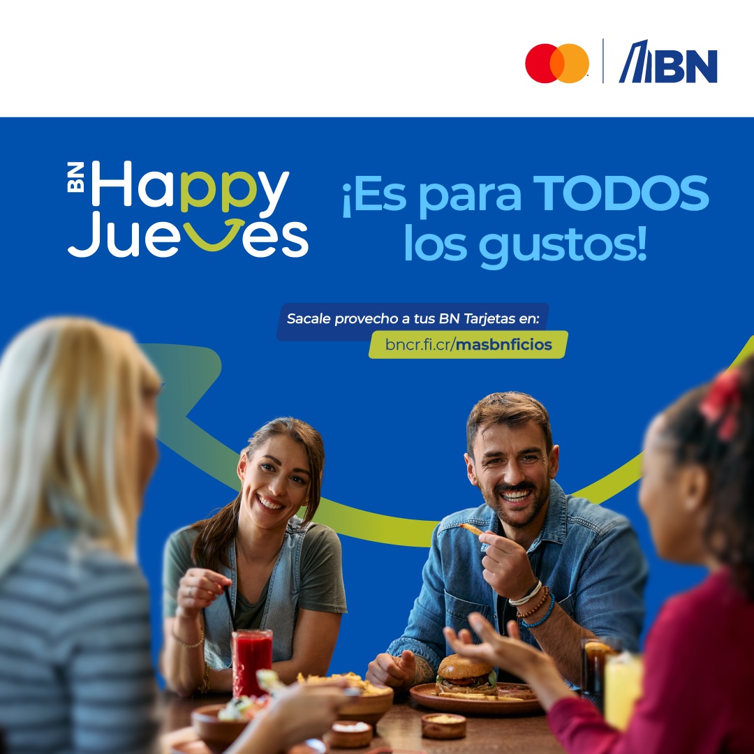 🚨 ¡Mañana será #BNHappyJueves! 
Con tus BN Tarjetas Mastercard 💳 disfrutá promos top en: 
🍔 Burger King | 🍕 Domino’s | 🍗 Popeyes | 🥪 Arby’s | ☕ Juan Valdez | 🥗 Rosti 
👉 Detalles: bncr.fi.cr/masbnficios/bn…