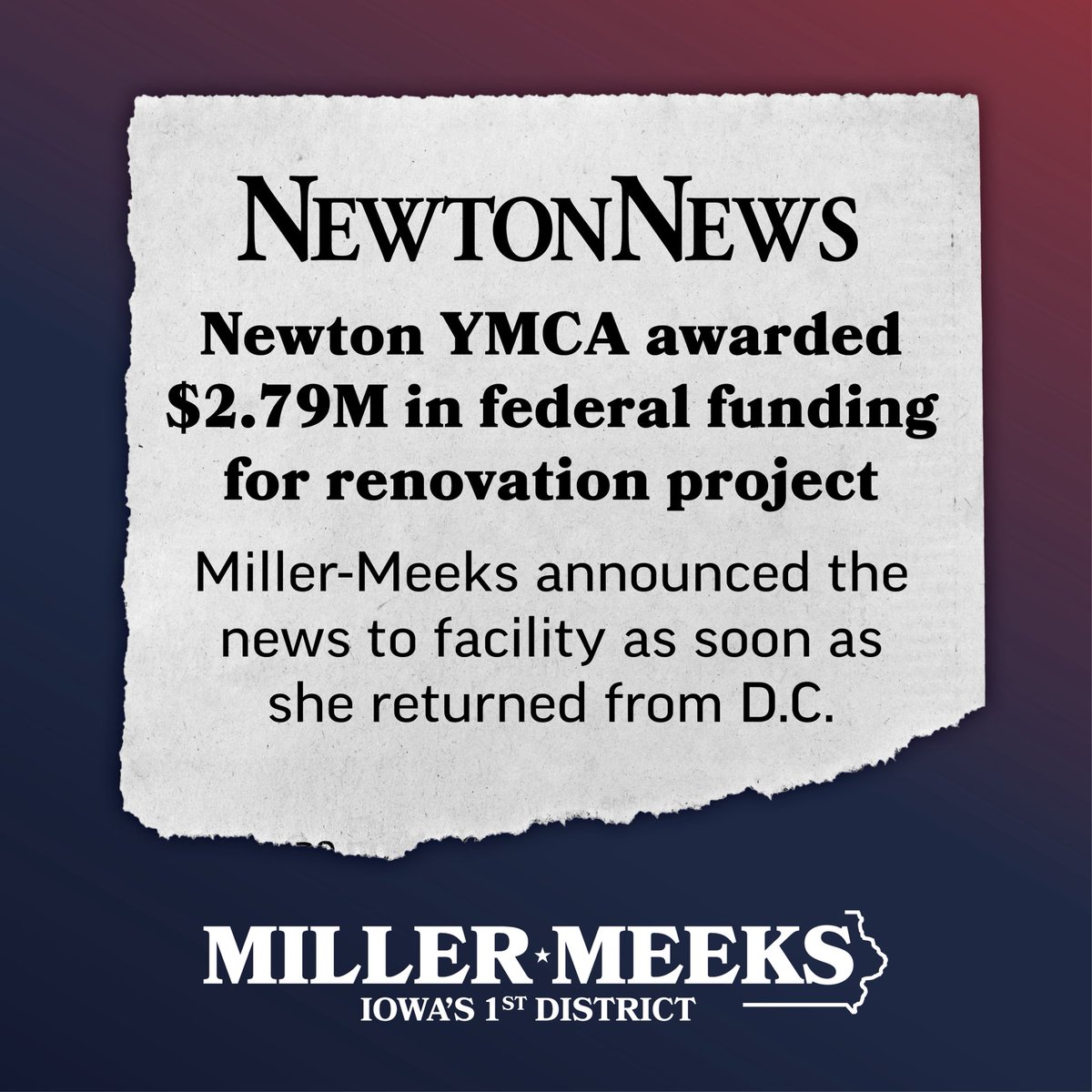 RepMMM's tweet image. Proud to have secured $2.79 million for the Newton YMCA to expand its childcare center and open 50 new childcare slots for Jasper County families.

Every parent deserves the peace of mind that their child has a safe, supportive place to learn and grow. This funding will give more…