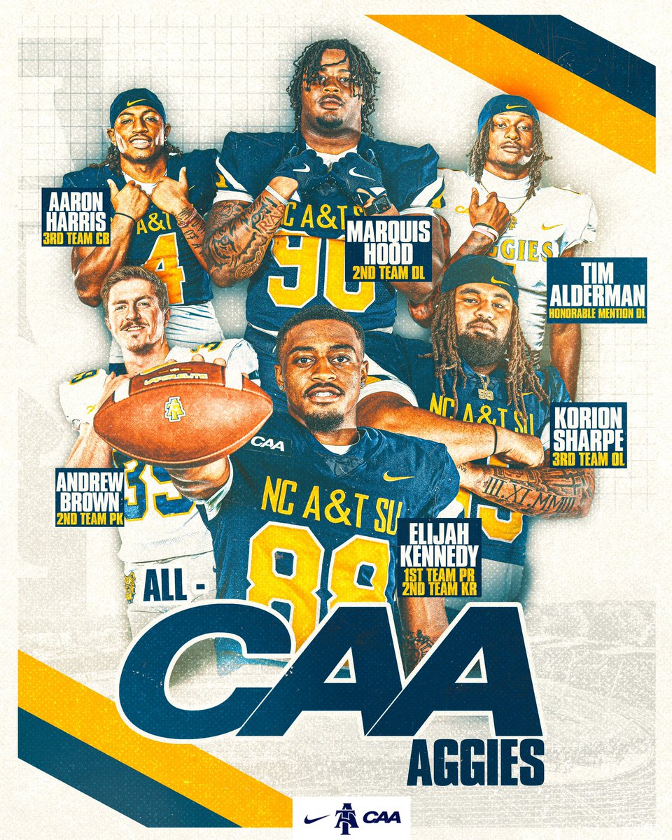 NCATFootball's tweet image. Congrats to our guys on receiving their All-CAA honors for the season. Much deserved! 🫡

#AggiePride | #PoundTheStone | #CAAFB