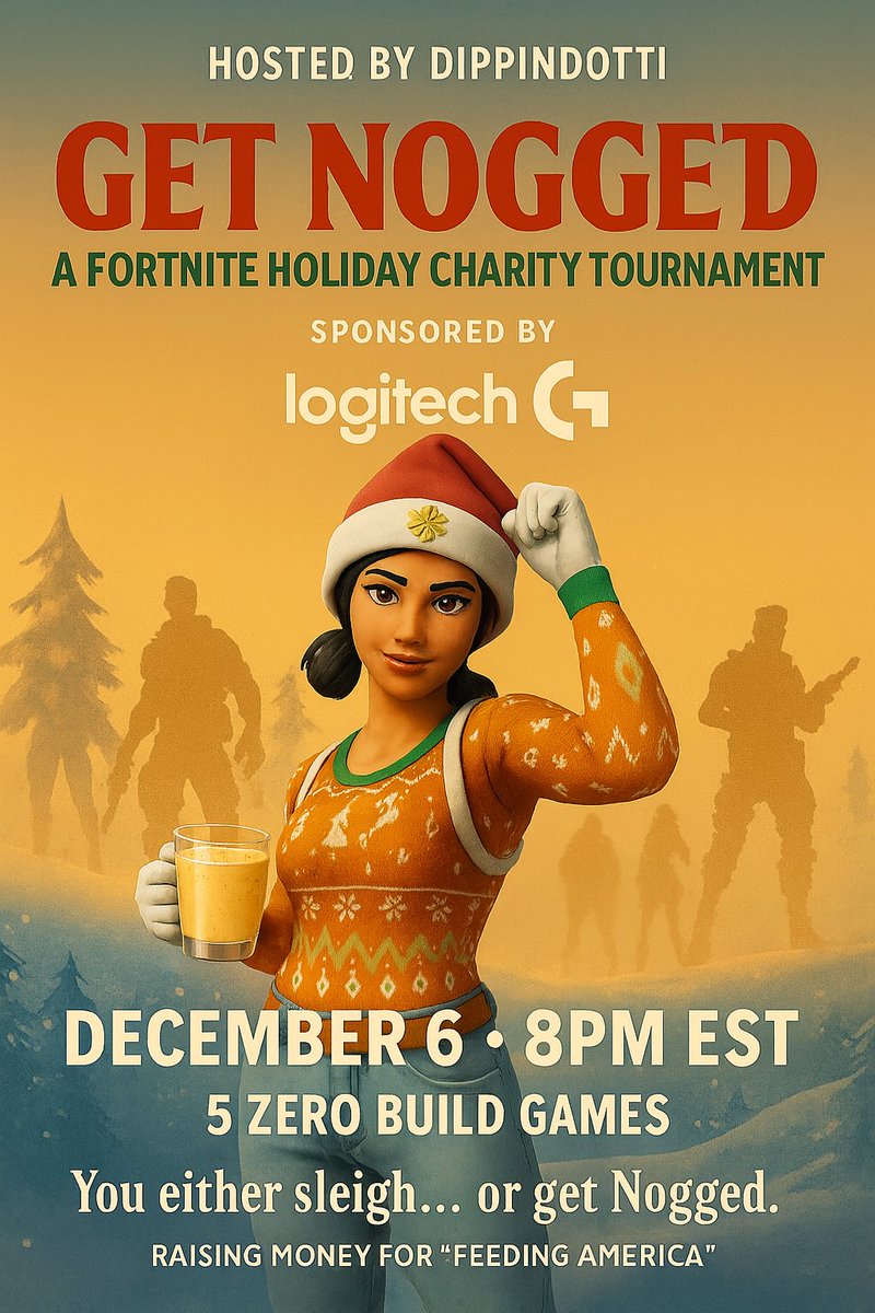 dippindottii's tweet image. 🥛🎄Get Nogged Holiday Charity Tournament 🎄🥛

5 Zero Build Games (Solos, Fills and Challenges) 

🗓️ December 6th @ 8 PM EST
🏆 Prizes Sponsored by @LogitechG 
❤️ Raising Money for @FeedingAmerica

Are you a streamer or know a streamer that wants to be involved? Tag them below!