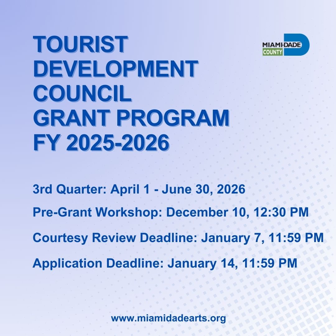 Funding Opportunity! The FY 25–26 Tourist Development Council (TDC) Grant Program’s 3rd Quarter Workshop for projects scheduled 4/1–6/30/26 will be held on Wed, Dec 10, 2025, at 12:30 PM. Join in person or via Zoom.

Register: miamidadearts.org/tourist-develo…

<a href="/visitmiami/">Greater Miami and Miami Beach</a>
#MiamiDadeArts