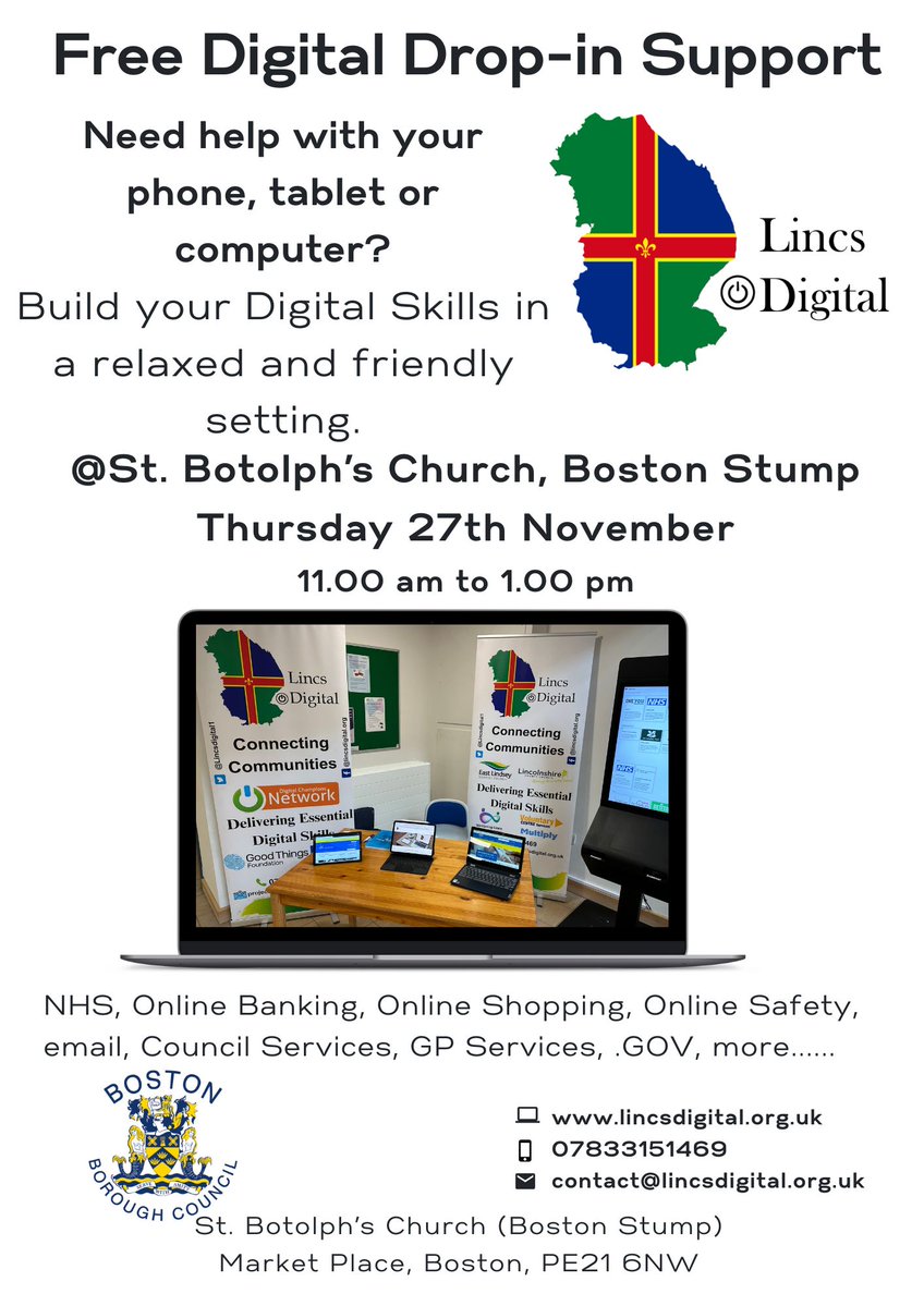 Lincsdigital1's tweet image. 📣 Boston Stump Digital Drop-In!
🗓 Thu 27 Nov | ⏰ 11AM–1PM
📍 St Botolph’s Church, PE21 6NW
Need help with:
✅ NHS &amp;amp; GP apps
✅ Online shopping
✅ Council services
✅ Any digital query
No booking – just drop in!
We’re back 29 Jan 2026.
#DigitalSupport  #GetOnline #TechHelp