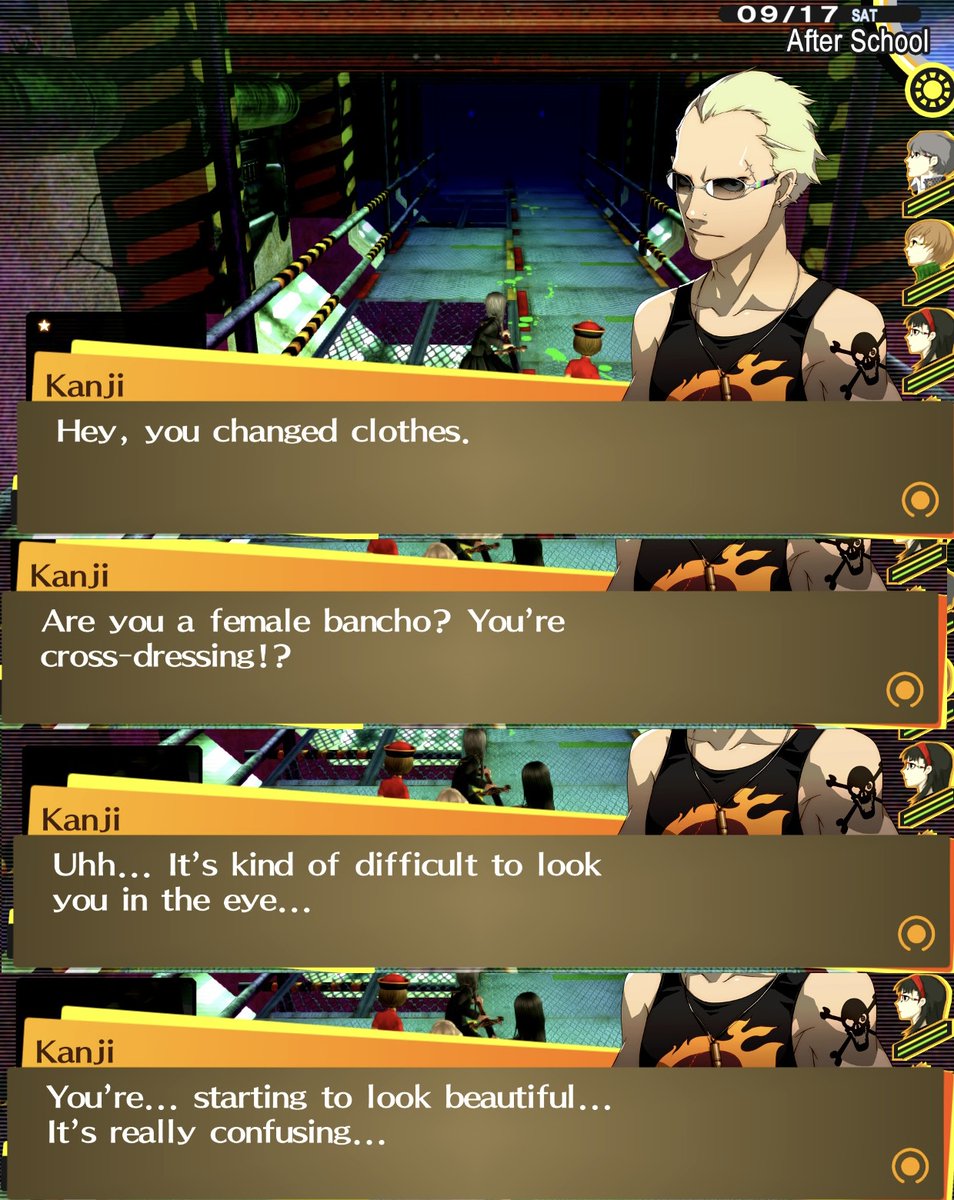 dailysoukan's tweet image. (Drag Outfit Costume Equip Dialogue)  

Kanji: Hey, you changed clothes. 
K: Are you a female bancho? You’re cross-dressing!?
K: Uhh… It’s kind of difficult to look you in the eye…
K:  You’re… starting  to  look  beautiful…  It’s  really  confusing…
