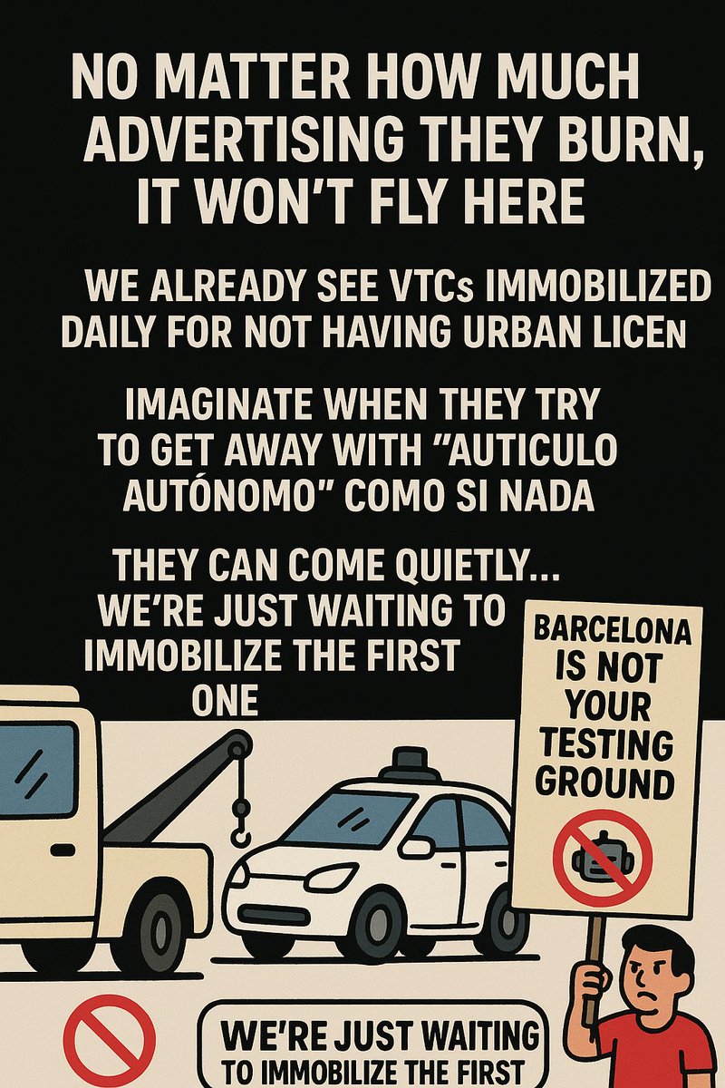 taxiyellowblack's tweet photo. Por mucha publicidad que quemen, aquí no va a colar.
Si ya vemos a diario VTC inmovilizadas por no tener licencia urbana, imagínate cuando intenten meter un “vehículo autónomo” como si nada.
Barcelona no es su patio de pruebas. 🚫🤖🚕 #TaxienLucha. #StopUber https://t.co/sFtjhJogMa