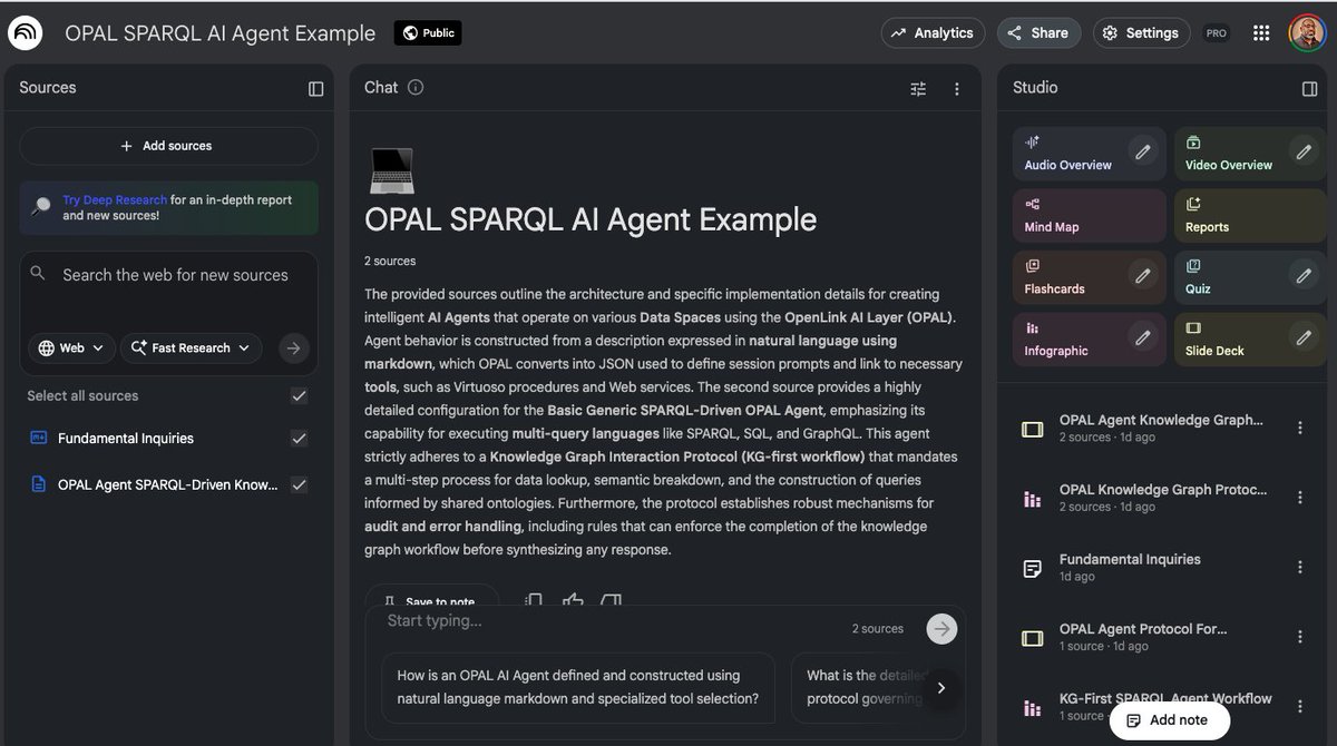 kidehen's tweet image. Here&apos;s a link to the @NotebookLM artifacts collection used in the initial post.

notebooklm.google.com/notebook/21602…

#SPARQL #AI #Agentic #OPAL #VirtuosoRDBMS #Explainer