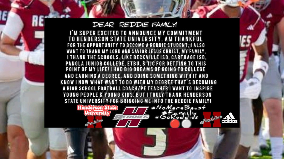 sle24gexx's tweet image. #AGTG 100% #COMMITTED To Henderson State University!🔴⚪️ #NoMereBeast #FAMILY #GoReddies @HendersonStateU @ReddiesFB @gabrieldbrooks @CarthageISD @CarthageHS @carthagedawgs @TylerJrCollege @RyanSilapan