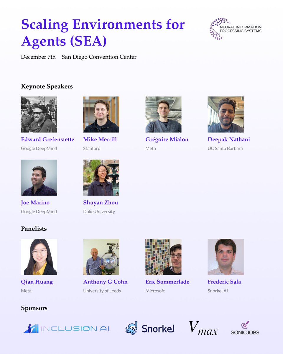 guohao_li's tweet image. The SEA Workshop at @NeurIPSConf 2025 is coming next Sunday. It seems we urgently need more open, realistic agent environments for training and evaluating agents. But what are the important environments to build? What are the infrastructure bottlenecks for these environments in…